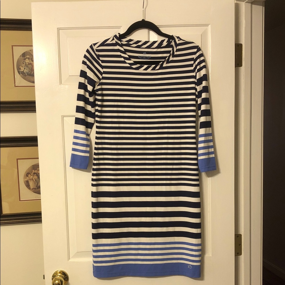 Southern Tide Striped Long Sleeve Dress - Navy periwinkle blue and White